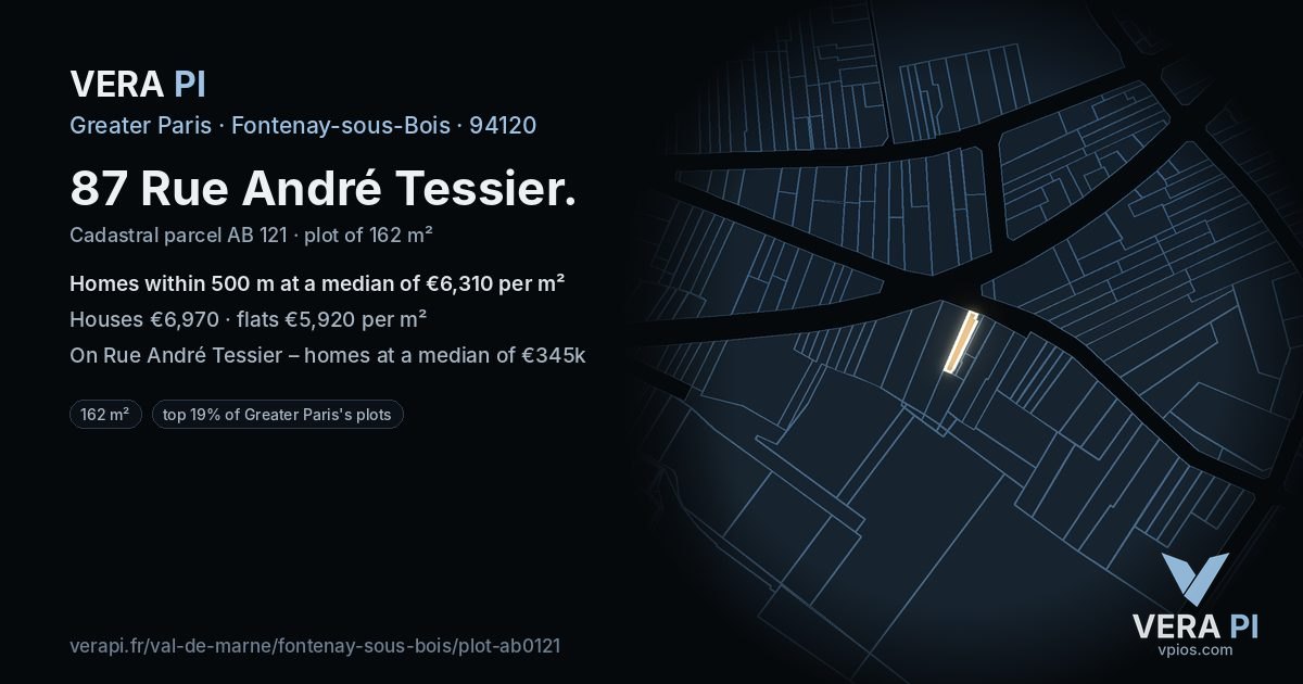 87 Rue André Tessier, Fontenay-sous-Bois at night – the plot lit, the parcels around coloured by the prices near them