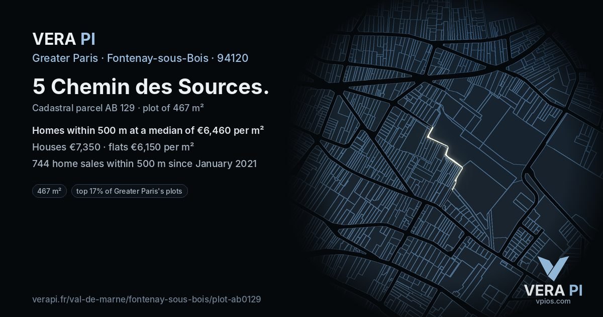5 Chemin des Sources, Fontenay-sous-Bois at night – the plot lit, the parcels around coloured by the prices near them