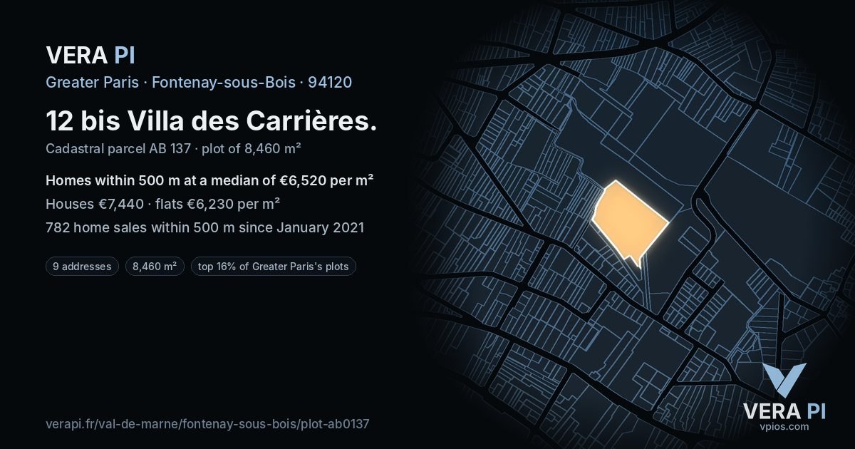 12 bis Villa des Carrières, Fontenay-sous-Bois at night – the plot lit, the parcels around coloured by the prices near them