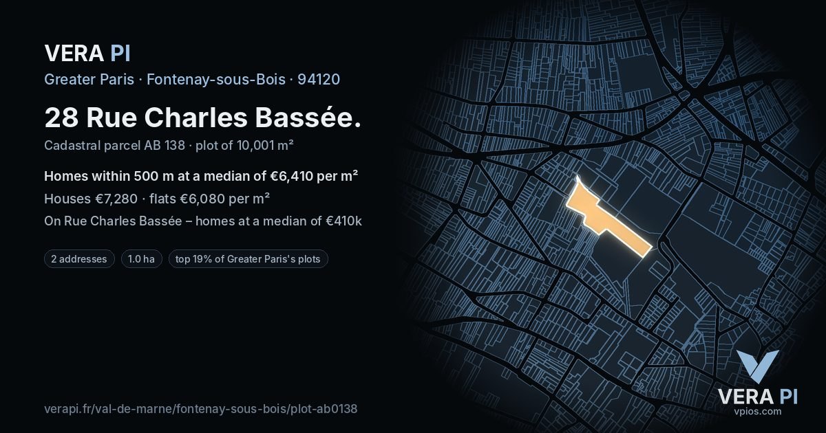 28 Rue Charles Bassée, Fontenay-sous-Bois at night – the plot lit, the parcels around coloured by the prices near them