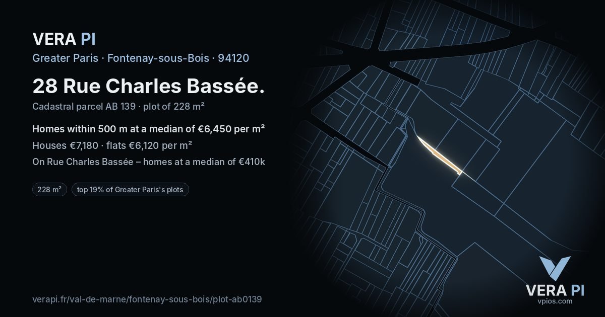 28 Rue Charles Bassée, Fontenay-sous-Bois at night – the plot lit, the parcels around coloured by the prices near them