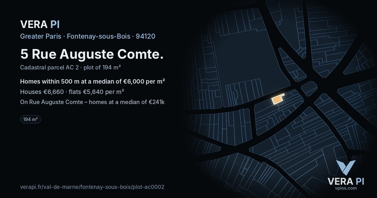 5 Rue Auguste Comte, Fontenay-sous-Bois at night – the plot lit, the parcels around coloured by the prices near them
