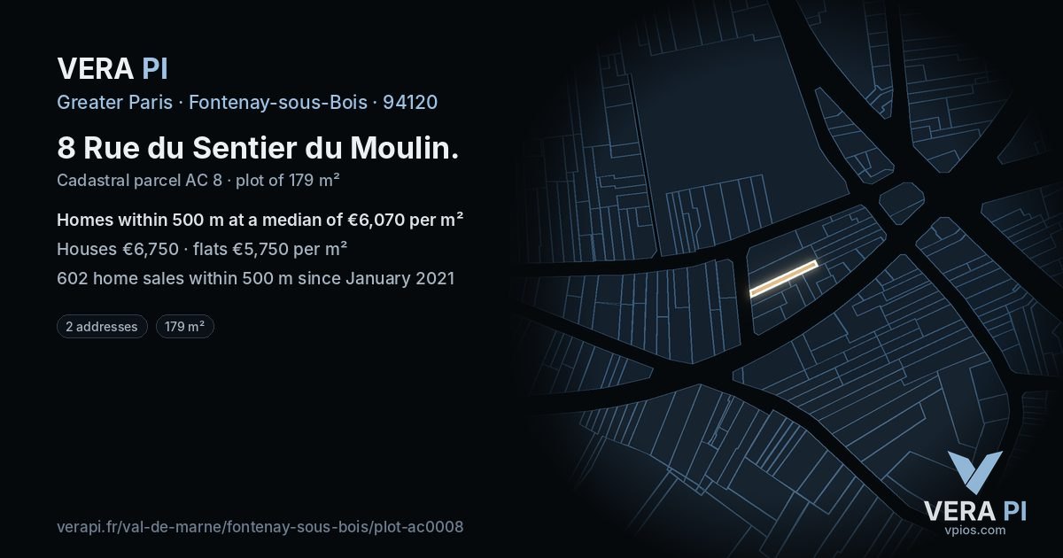 8 Rue du Sentier du Moulin, Fontenay-sous-Bois at night – the plot lit, the parcels around coloured by the prices near them