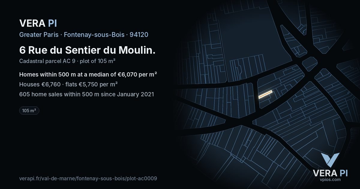 6 Rue du Sentier du Moulin, Fontenay-sous-Bois at night – the plot lit, the parcels around coloured by the prices near them