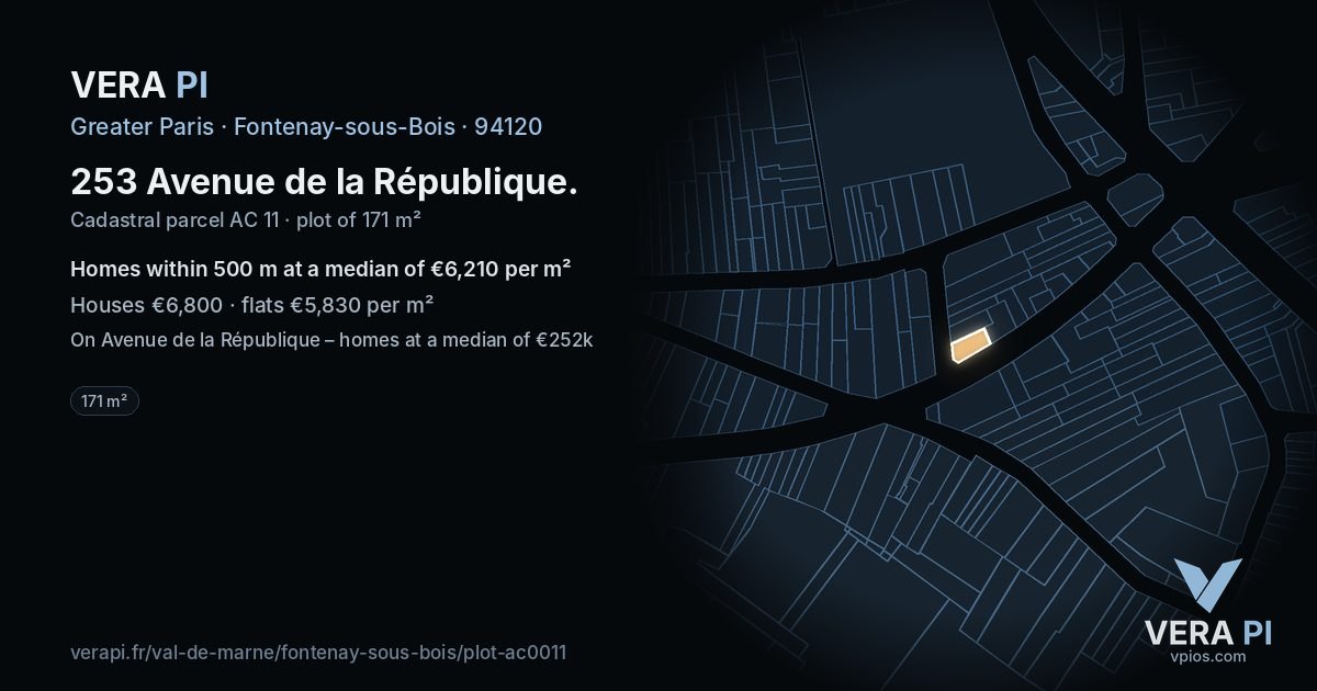 253 Avenue de la République, Fontenay-sous-Bois at night – the plot lit, the parcels around coloured by the prices near them