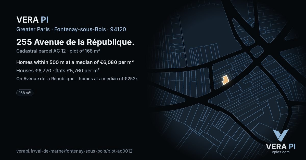 255 Avenue de la République, Fontenay-sous-Bois at night – the plot lit, the parcels around coloured by the prices near them