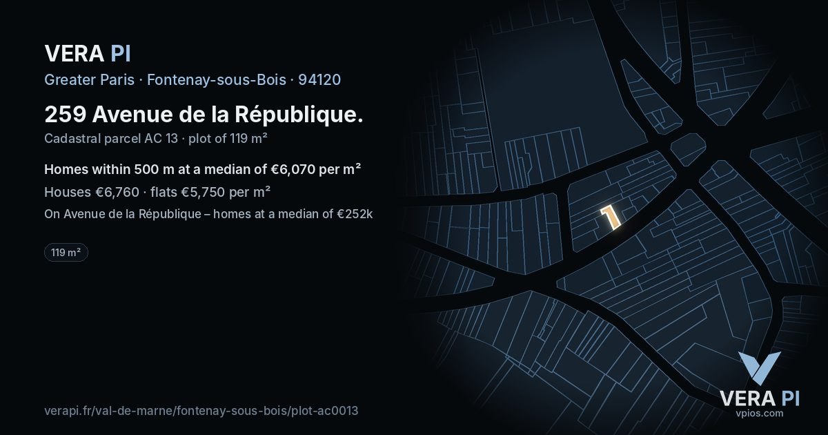 259 Avenue de la République, Fontenay-sous-Bois at night – the plot lit, the parcels around coloured by the prices near them