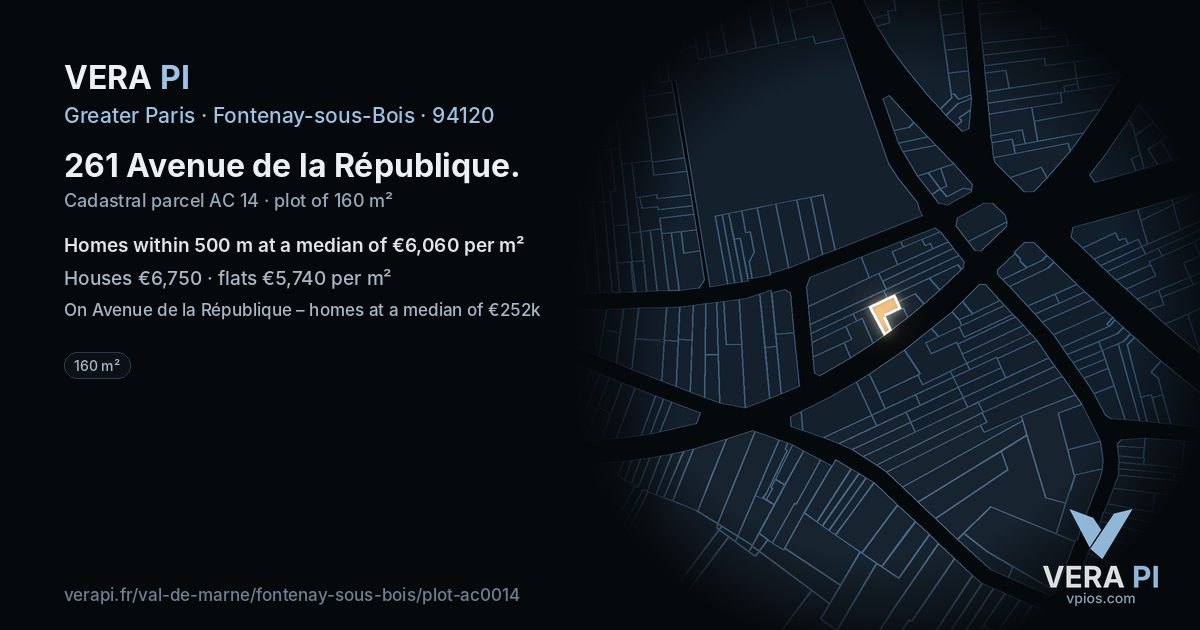 261 Avenue de la République, Fontenay-sous-Bois at night – the plot lit, the parcels around coloured by the prices near them