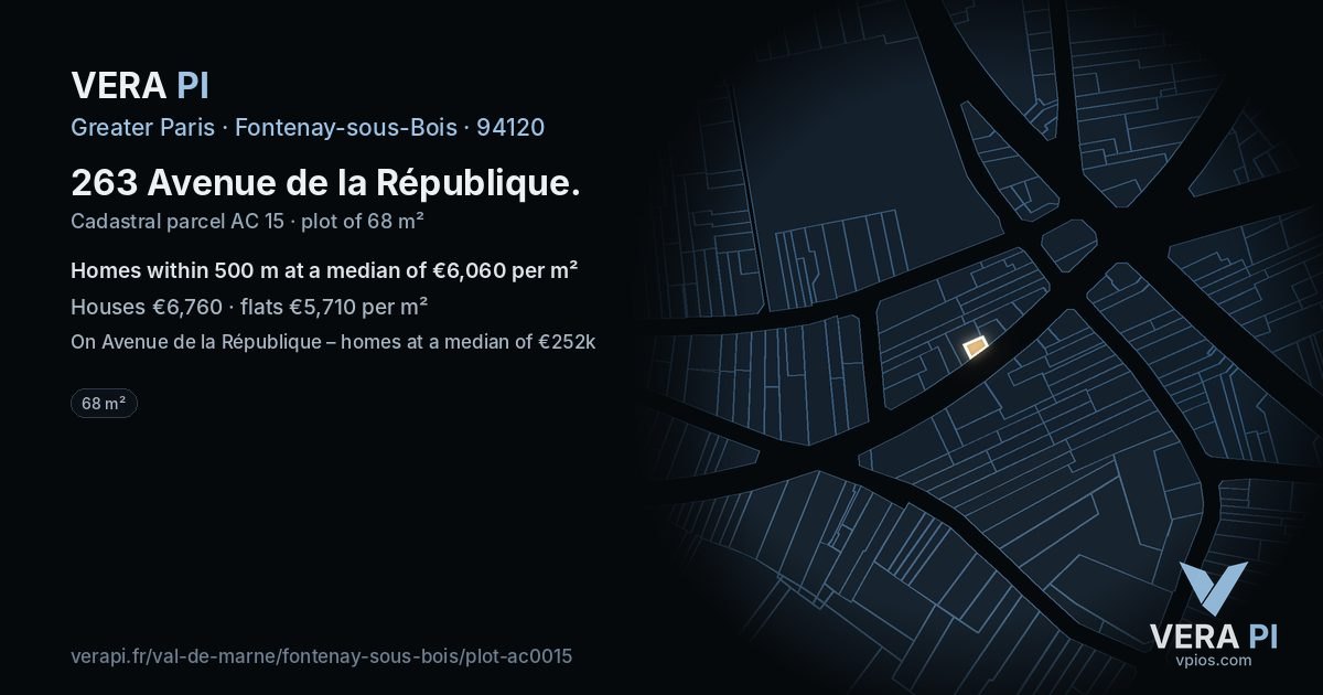 263 Avenue de la République, Fontenay-sous-Bois at night – the plot lit, the parcels around coloured by the prices near them