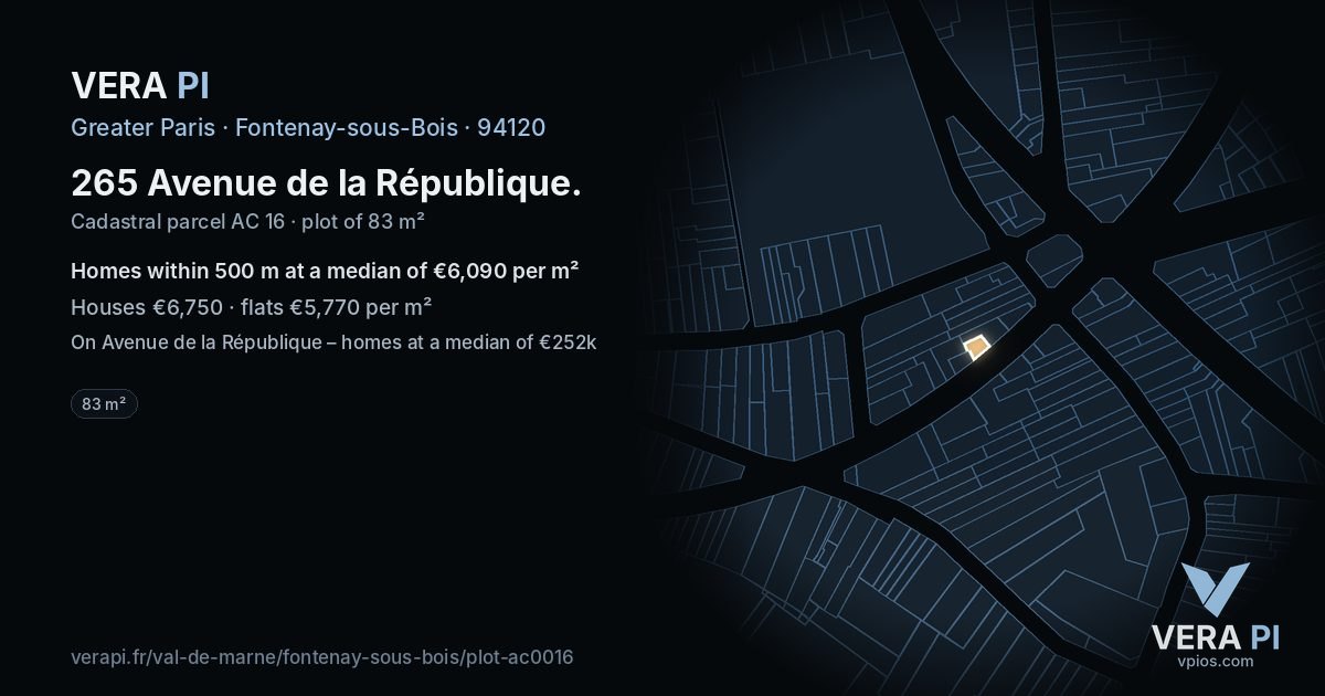 265 Avenue de la République, Fontenay-sous-Bois at night – the plot lit, the parcels around coloured by the prices near them