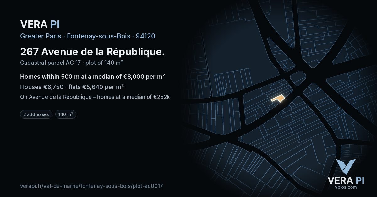 267 Avenue de la République, Fontenay-sous-Bois at night – the plot lit, the parcels around coloured by the prices near them