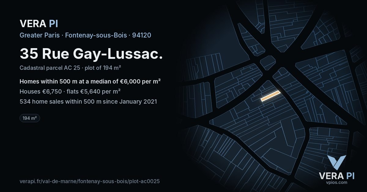 35 Rue Gay-Lussac, Fontenay-sous-Bois at night – the plot lit, the parcels around coloured by the prices near them