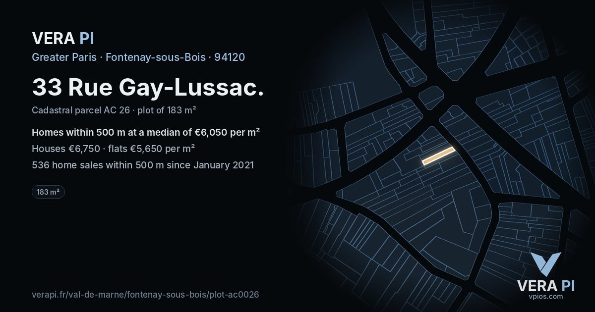 33 Rue Gay-Lussac, Fontenay-sous-Bois at night – the plot lit, the parcels around coloured by the prices near them
