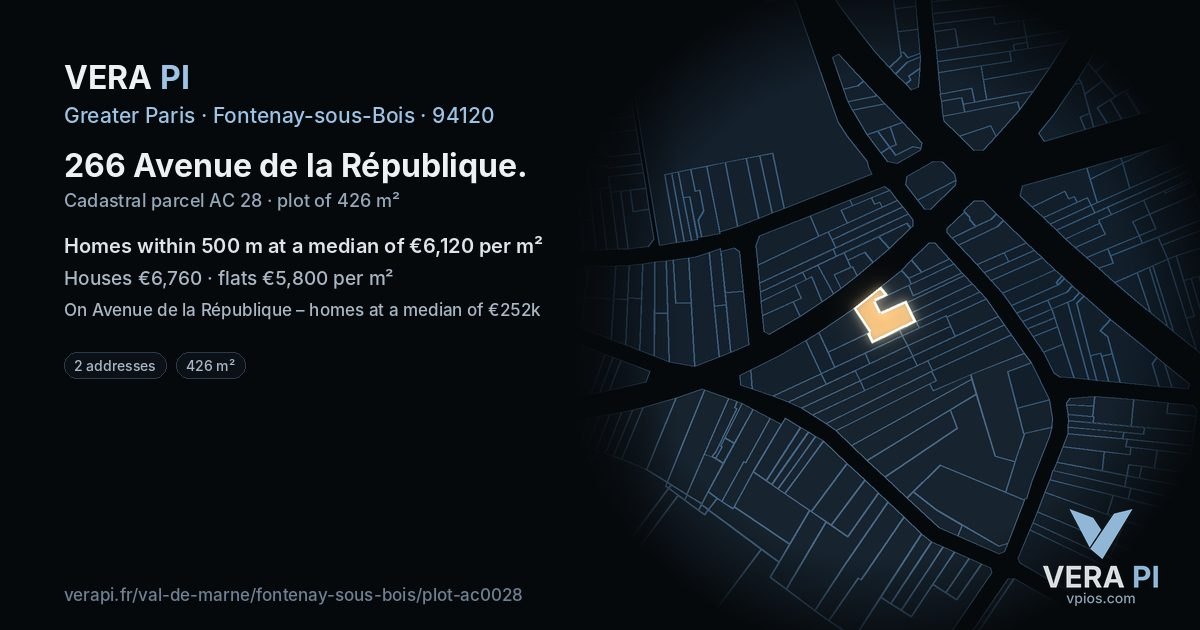 266 Avenue de la République, Fontenay-sous-Bois at night – the plot lit, the parcels around coloured by the prices near them