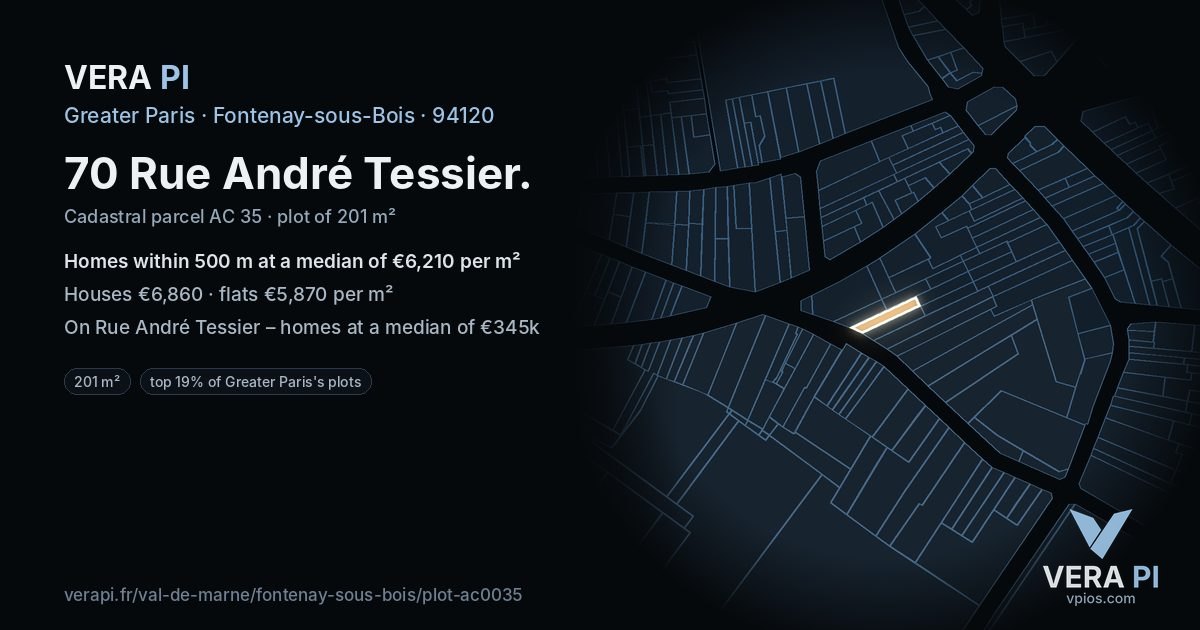 70 Rue André Tessier, Fontenay-sous-Bois at night – the plot lit, the parcels around coloured by the prices near them