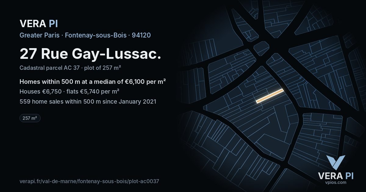 27 Rue Gay-Lussac, Fontenay-sous-Bois at night – the plot lit, the parcels around coloured by the prices near them