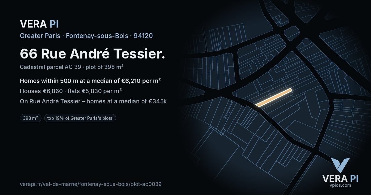 66 Rue André Tessier, Fontenay-sous-Bois at night – the plot lit, the parcels around coloured by the prices near them