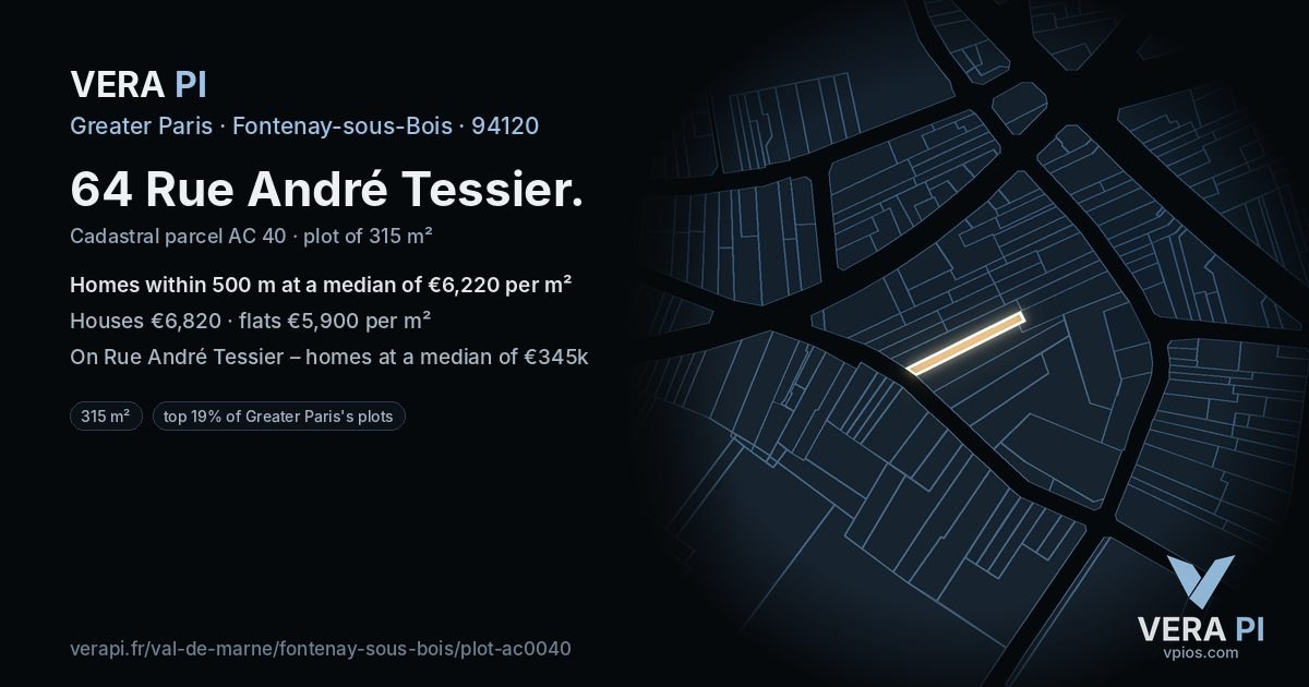 64 Rue André Tessier, Fontenay-sous-Bois at night – the plot lit, the parcels around coloured by the prices near them