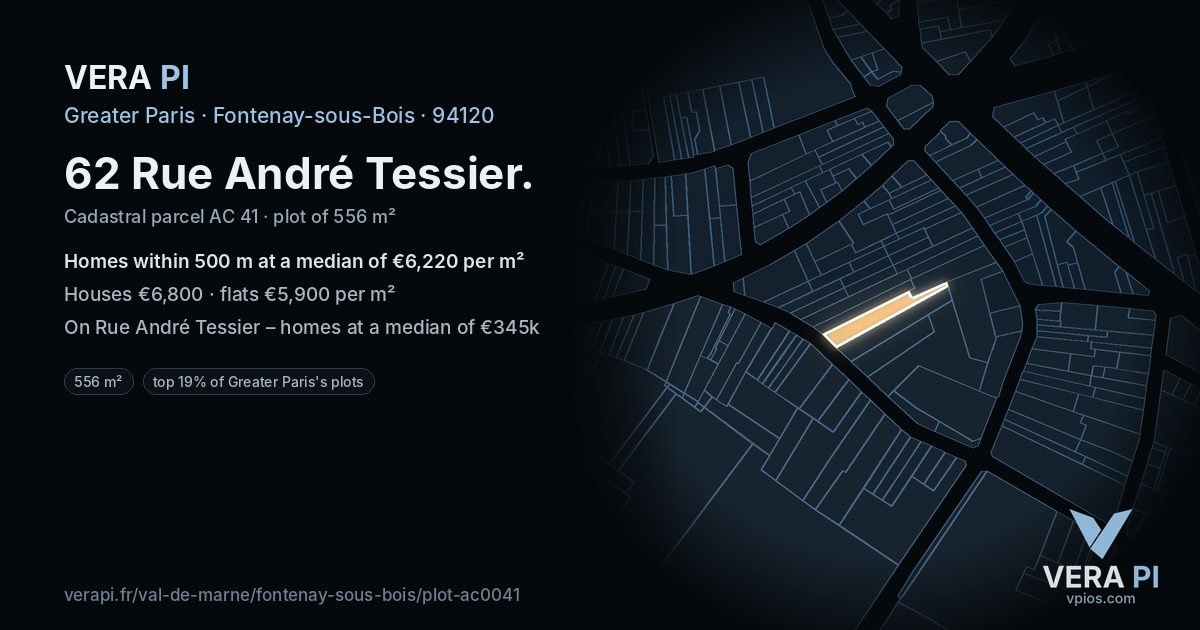 62 Rue André Tessier, Fontenay-sous-Bois at night – the plot lit, the parcels around coloured by the prices near them