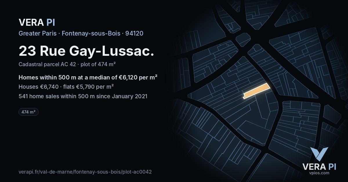 23 Rue Gay-Lussac, Fontenay-sous-Bois at night – the plot lit, the parcels around coloured by the prices near them