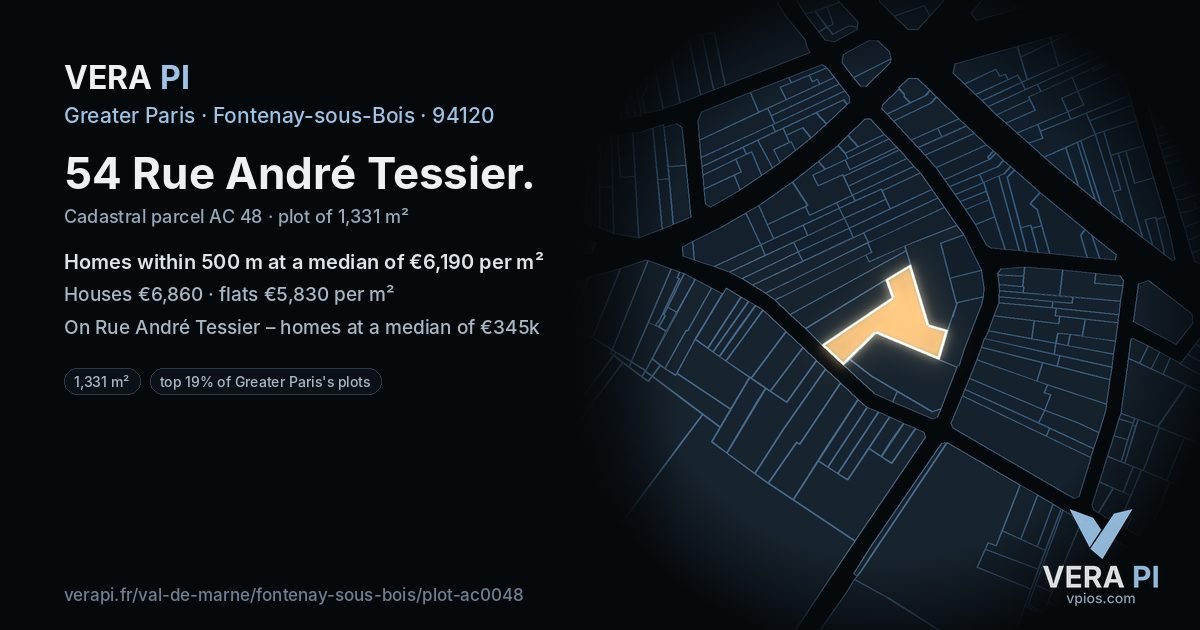 54 Rue André Tessier, Fontenay-sous-Bois at night – the plot lit, the parcels around coloured by the prices near them
