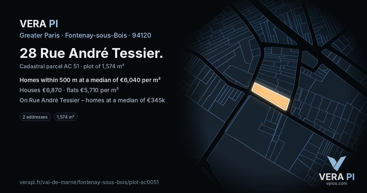 28 Rue André Tessier, Fontenay-sous-Bois at night – the plot lit, the parcels around coloured by the prices near them