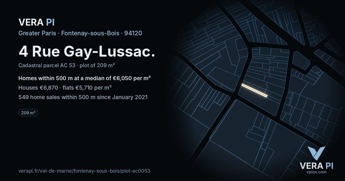 4 Rue Gay-Lussac, Fontenay-sous-Bois at night – the plot lit, the parcels around coloured by the prices near them