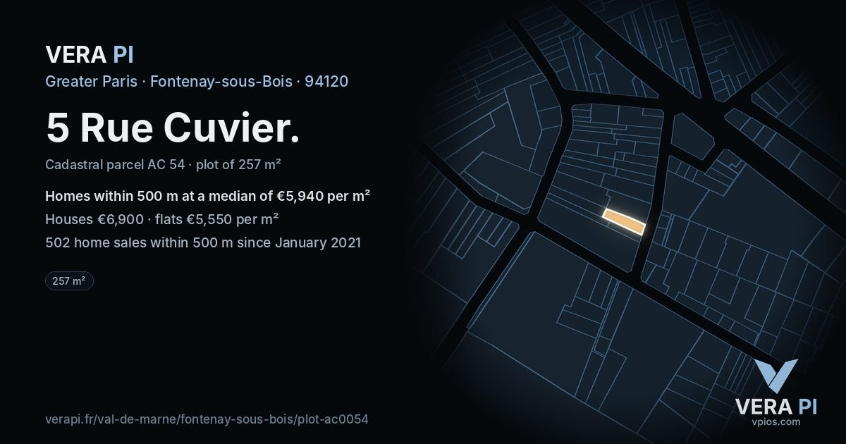 5 Rue Cuvier, Fontenay-sous-Bois at night – the plot lit, the parcels around coloured by the prices near them
