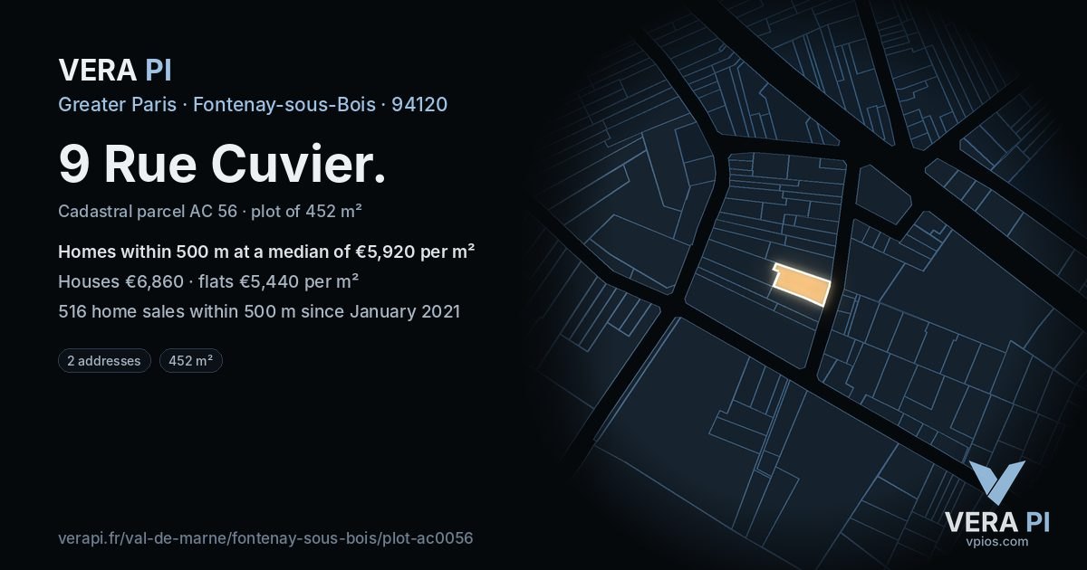 9 Rue Cuvier, Fontenay-sous-Bois at night – the plot lit, the parcels around coloured by the prices near them
