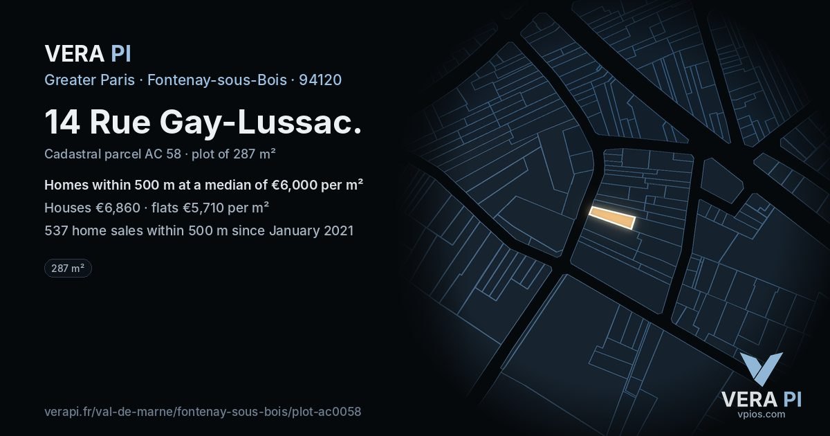 14 Rue Gay-Lussac, Fontenay-sous-Bois at night – the plot lit, the parcels around coloured by the prices near them