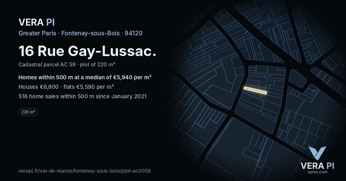 16 Rue Gay-Lussac, Fontenay-sous-Bois at night – the plot lit, the parcels around coloured by the prices near them