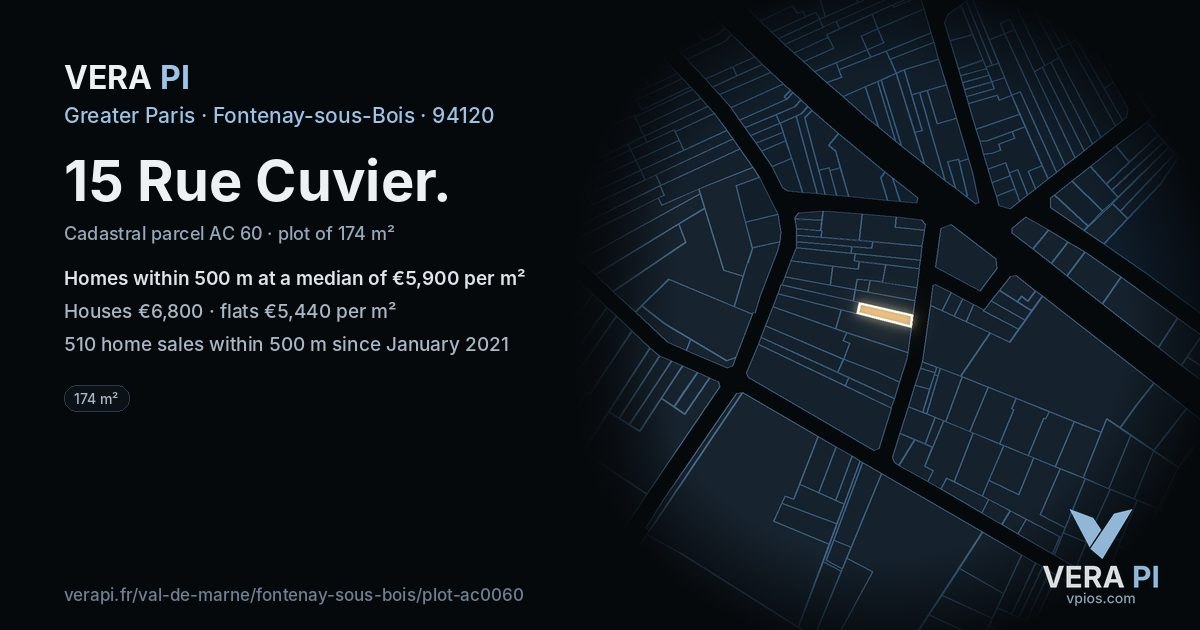15 Rue Cuvier, Fontenay-sous-Bois at night – the plot lit, the parcels around coloured by the prices near them