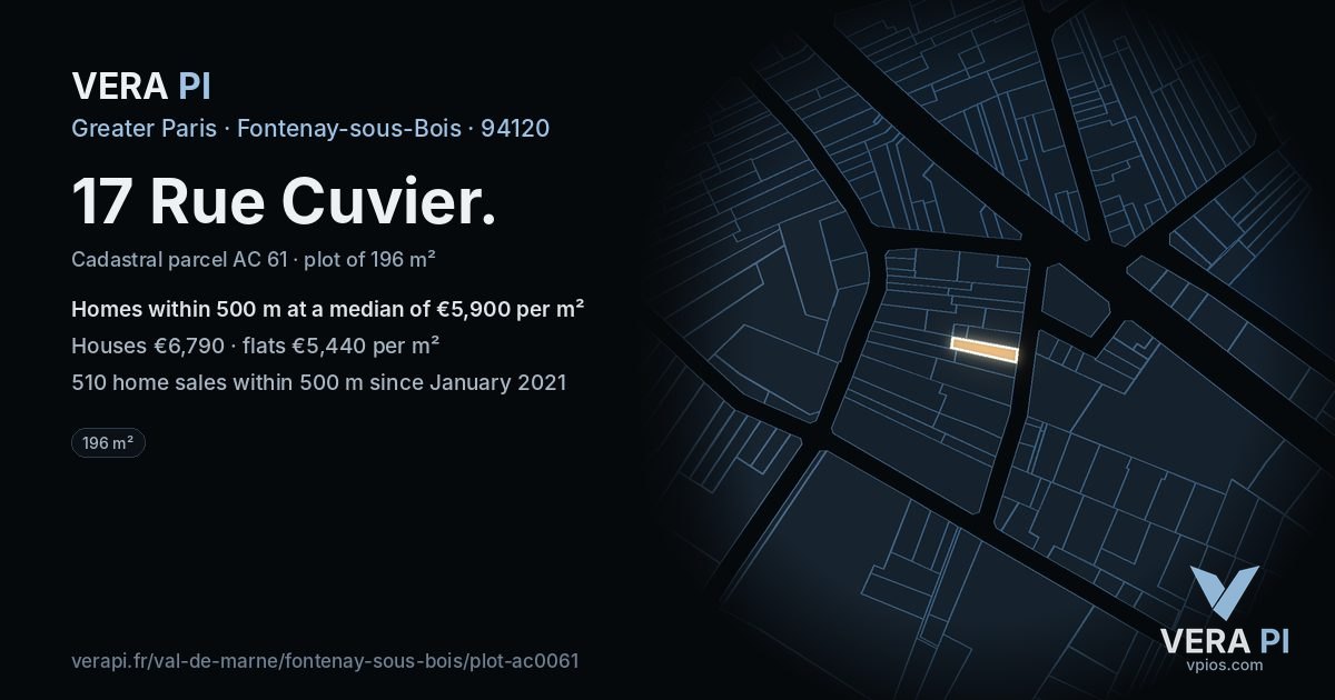 17 Rue Cuvier, Fontenay-sous-Bois at night – the plot lit, the parcels around coloured by the prices near them