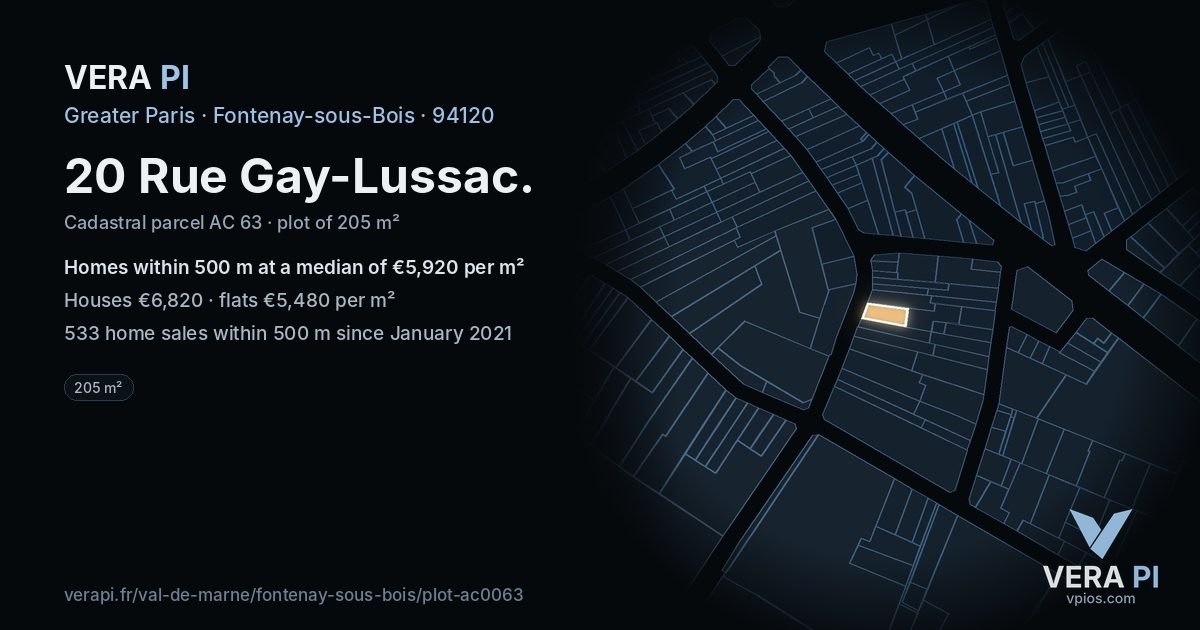 20 Rue Gay-Lussac, Fontenay-sous-Bois at night – the plot lit, the parcels around coloured by the prices near them