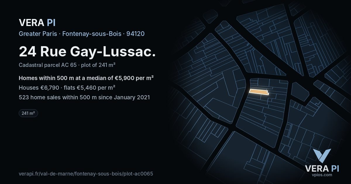 24 Rue Gay-Lussac, Fontenay-sous-Bois at night – the plot lit, the parcels around coloured by the prices near them