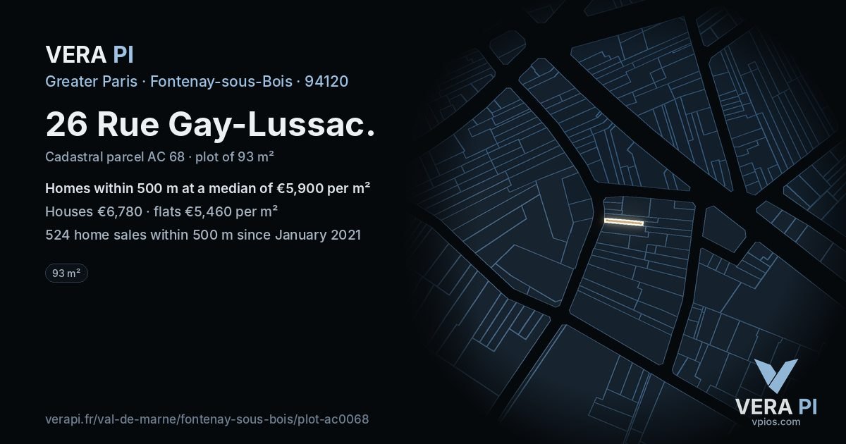 26 Rue Gay-Lussac, Fontenay-sous-Bois at night – the plot lit, the parcels around coloured by the prices near them