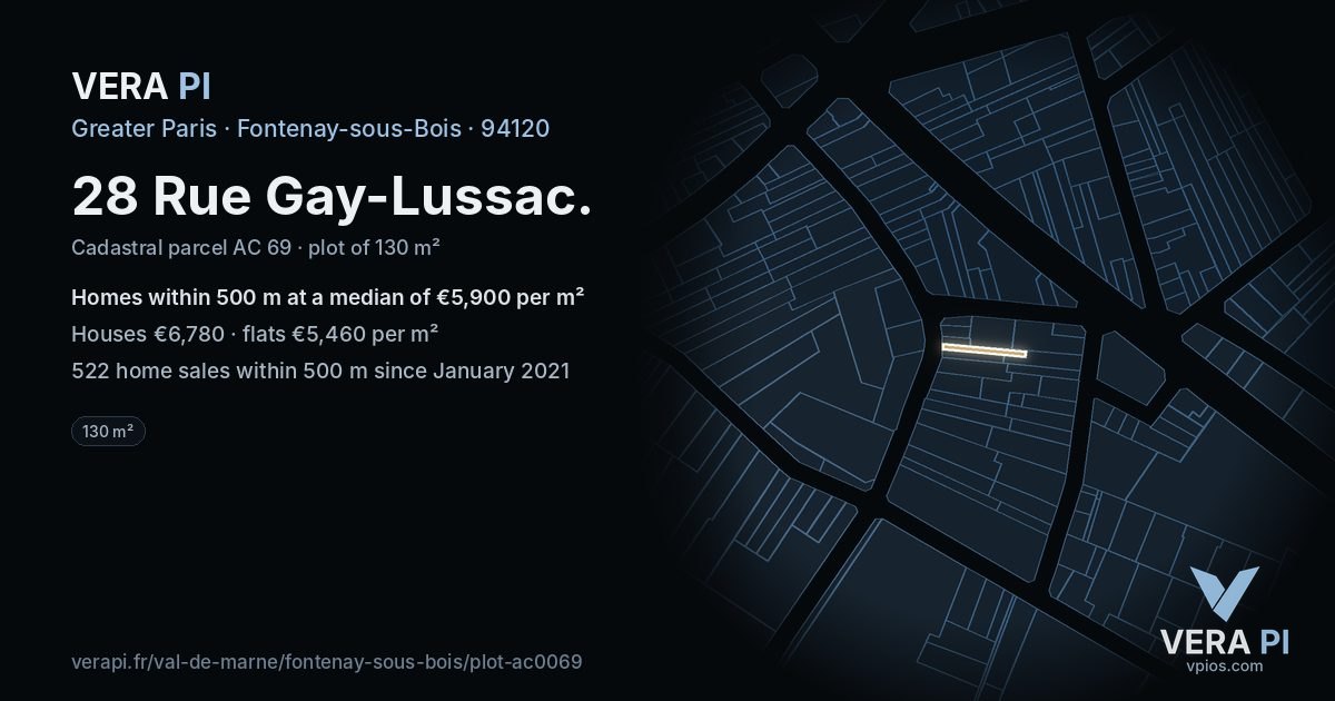 28 Rue Gay-Lussac, Fontenay-sous-Bois at night – the plot lit, the parcels around coloured by the prices near them