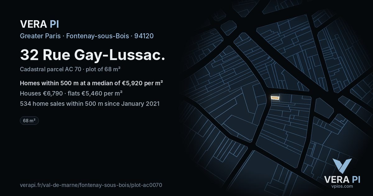 32 Rue Gay-Lussac, Fontenay-sous-Bois at night – the plot lit, the parcels around coloured by the prices near them