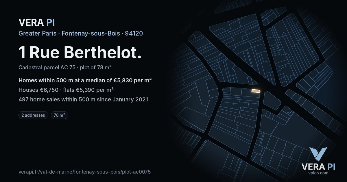 1 Rue Berthelot, Fontenay-sous-Bois at night – the plot lit, the parcels around coloured by the prices near them