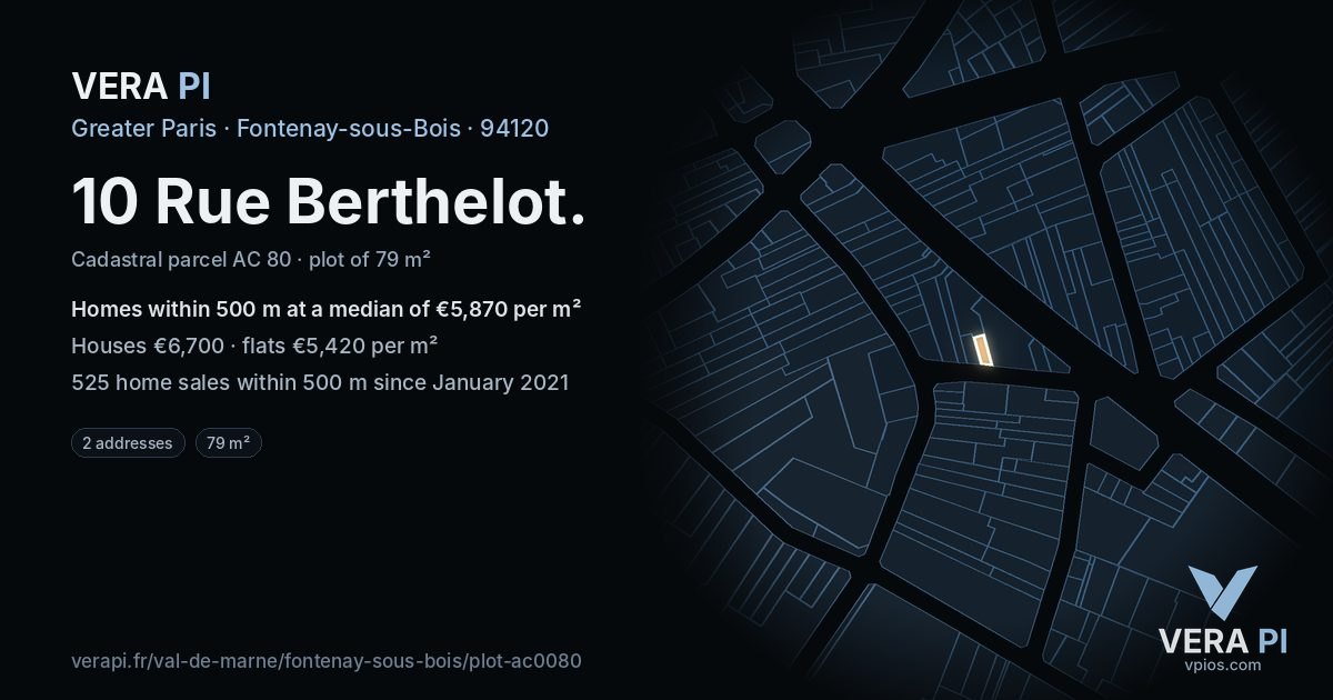 10 Rue Berthelot, Fontenay-sous-Bois at night – the plot lit, the parcels around coloured by the prices near them
