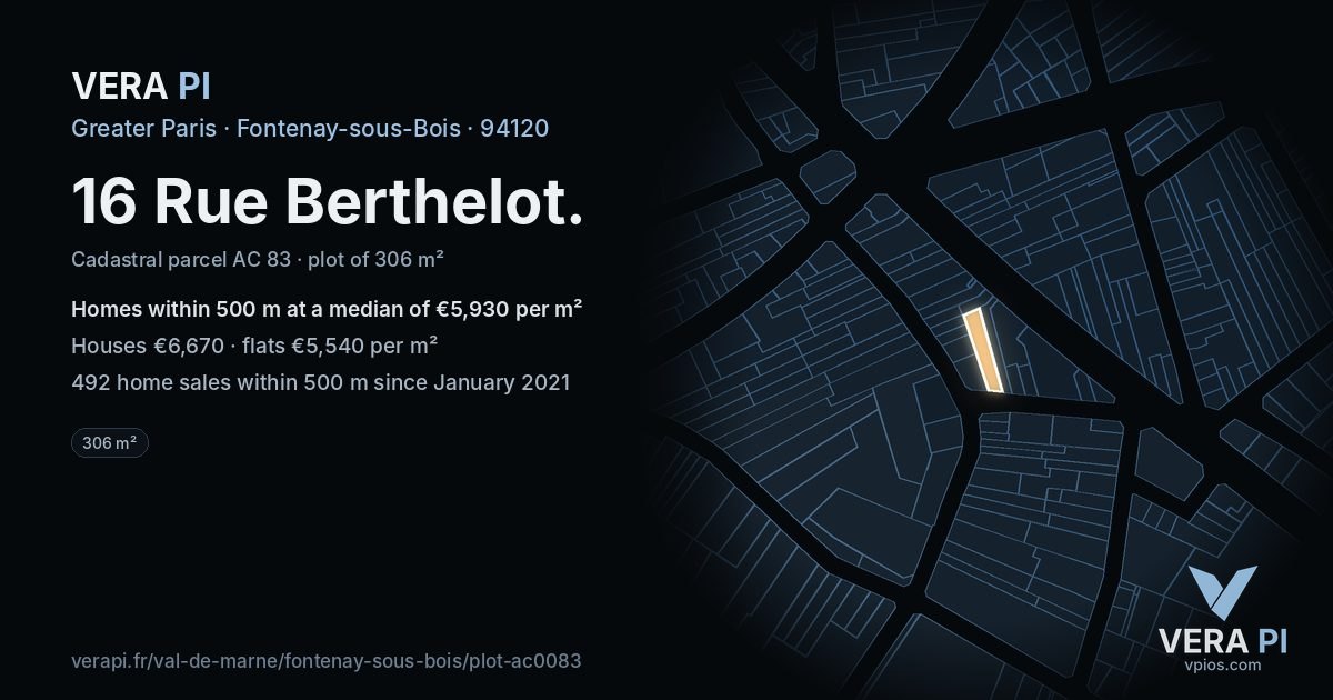 16 Rue Berthelot, Fontenay-sous-Bois at night – the plot lit, the parcels around coloured by the prices near them