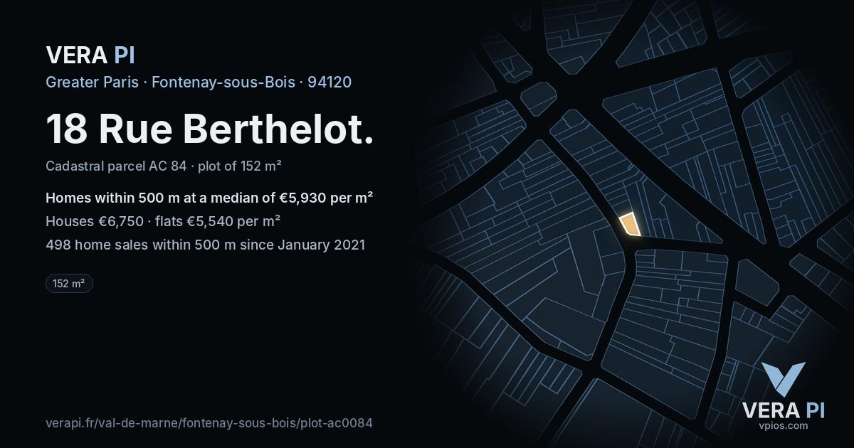 18 Rue Berthelot, Fontenay-sous-Bois at night – the plot lit, the parcels around coloured by the prices near them