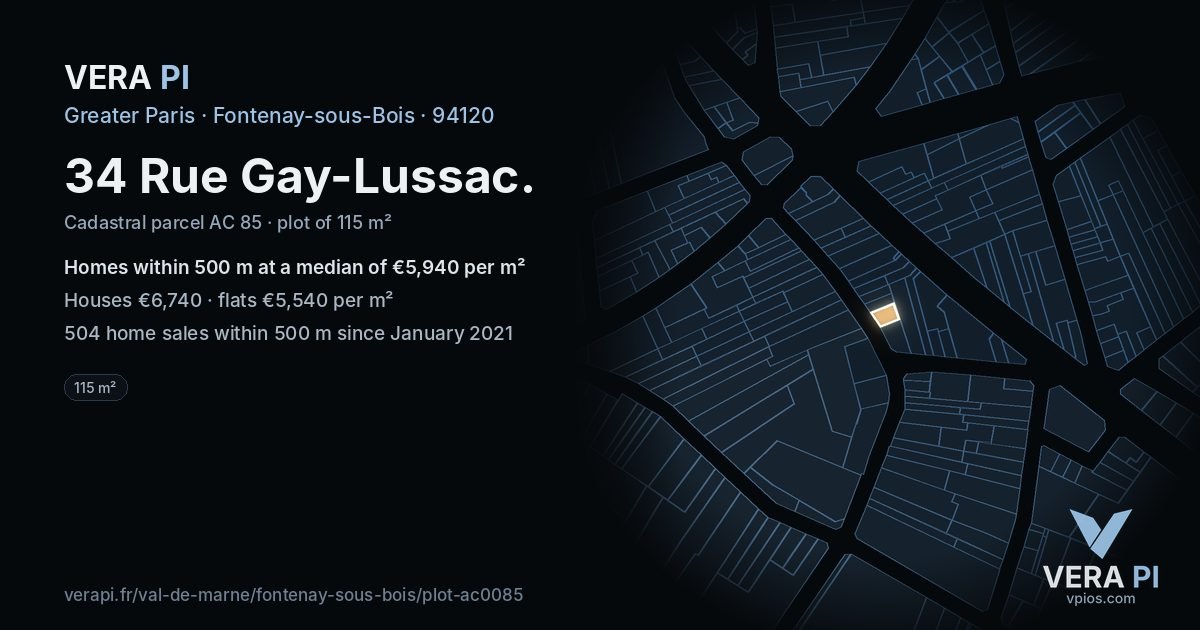 34 Rue Gay-Lussac, Fontenay-sous-Bois at night – the plot lit, the parcels around coloured by the prices near them