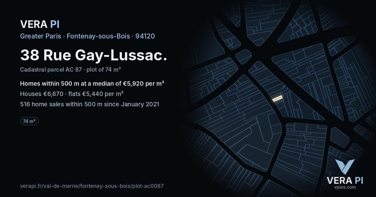 38 Rue Gay-Lussac, Fontenay-sous-Bois at night – the plot lit, the parcels around coloured by the prices near them