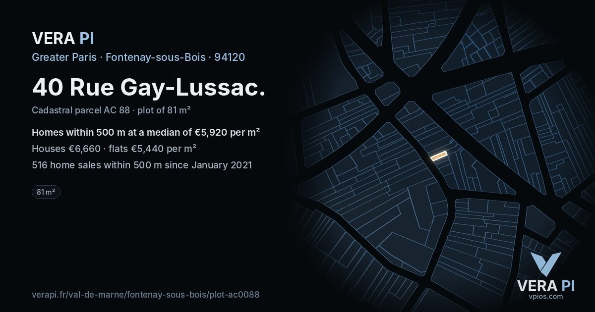 40 Rue Gay-Lussac, Fontenay-sous-Bois at night – the plot lit, the parcels around coloured by the prices near them