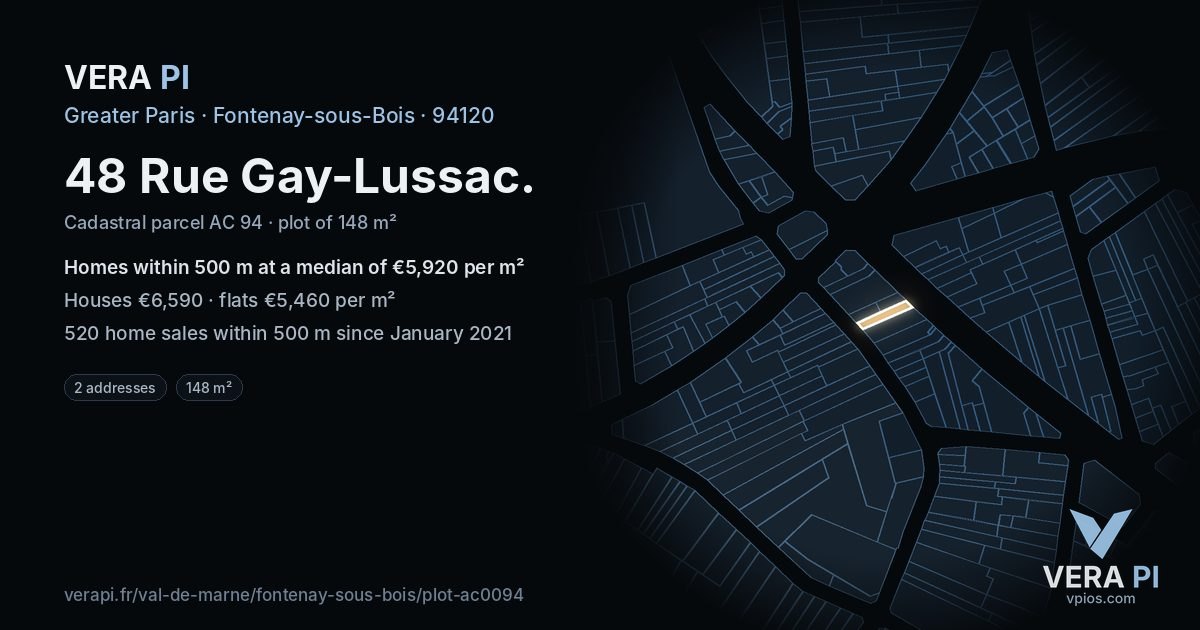 48 Rue Gay-Lussac, Fontenay-sous-Bois at night – the plot lit, the parcels around coloured by the prices near them