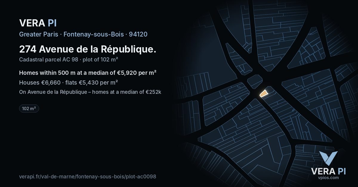274 Avenue de la République, Fontenay-sous-Bois at night – the plot lit, the parcels around coloured by the prices near them