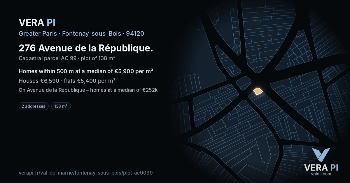 276 Avenue de la République, Fontenay-sous-Bois at night – the plot lit, the parcels around coloured by the prices near them
