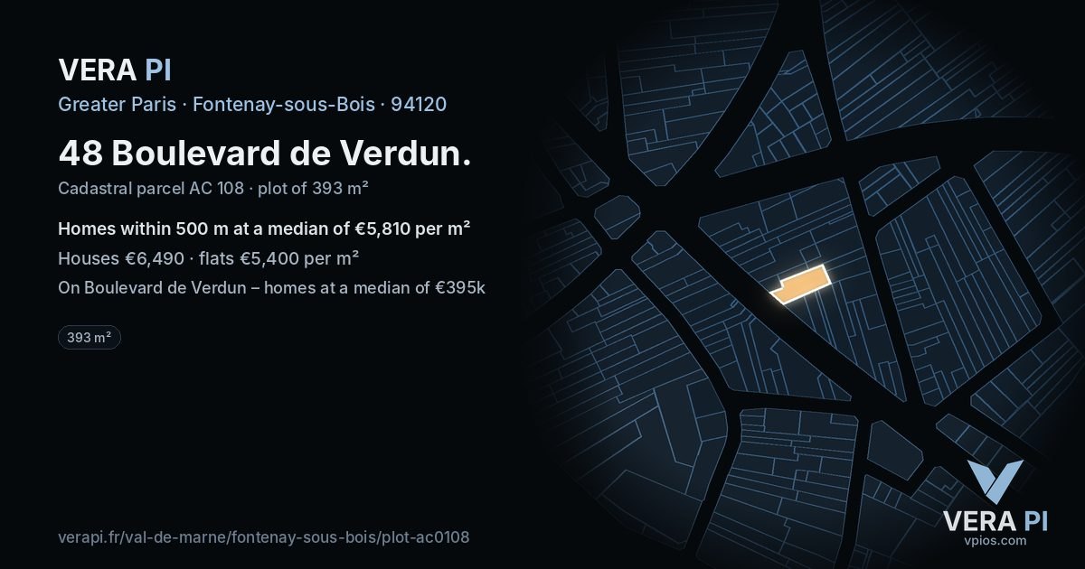 48 Boulevard de Verdun, Fontenay-sous-Bois at night – the plot lit, the parcels around coloured by the prices near them
