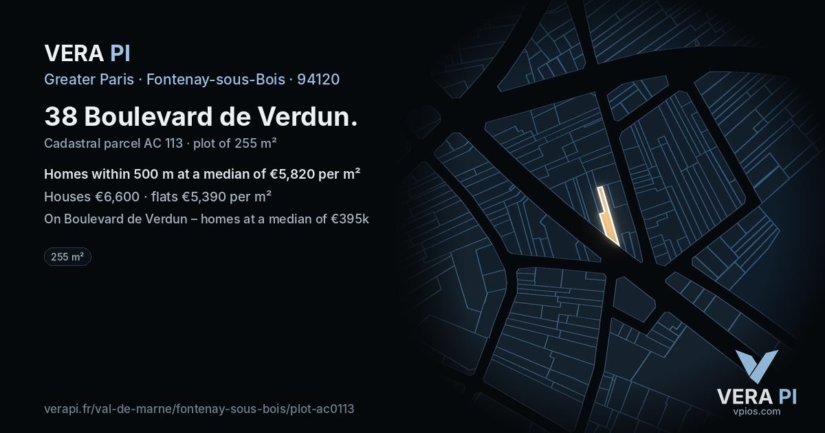 38 Boulevard de Verdun, Fontenay-sous-Bois at night – the plot lit, the parcels around coloured by the prices near them